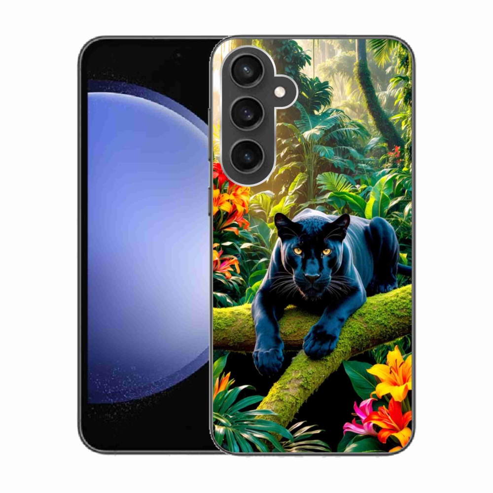 Gelový kryt mmCase na Samsung Galaxy S23 FE - černý panter v džungli
