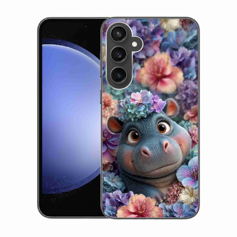Gelový kryt mmCase na Samsung Galaxy S23 FE - hrošík v květinách