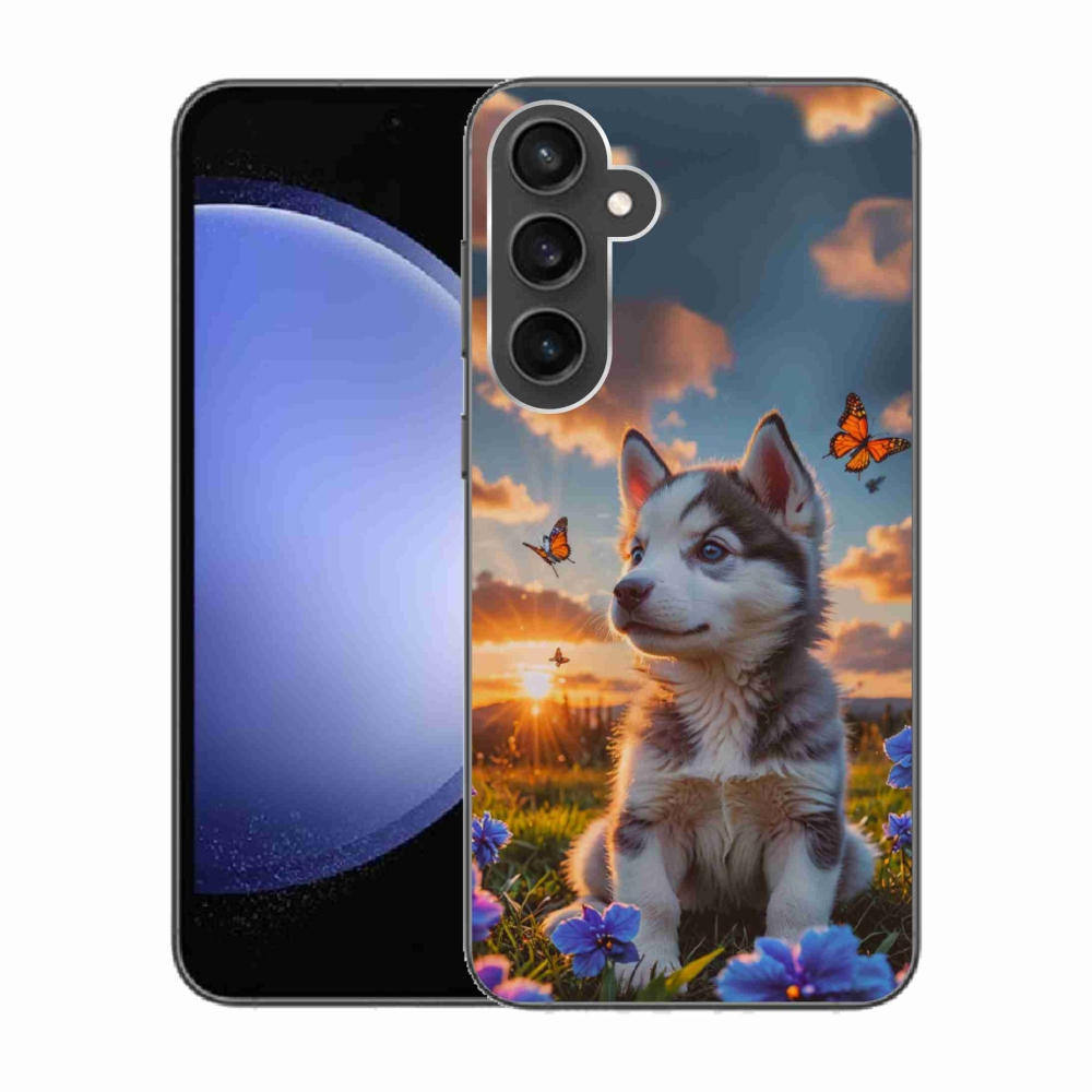 Gelový kryt mmCase na Samsung Galaxy S23 FE - husky při západu slunce