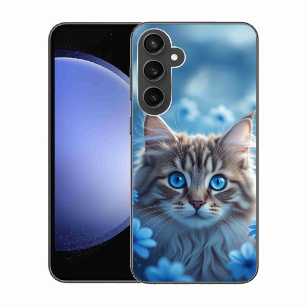 Gelový kryt mmCase na Samsung Galaxy S23 FE - koťátko v modrých květech