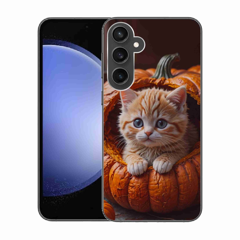 Gelový kryt mmCase na Samsung Galaxy S23 FE - kotě a dýně 2