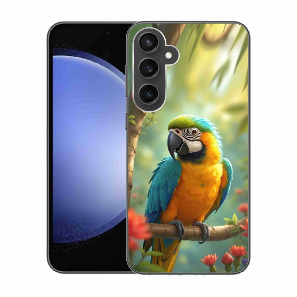 Gelový kryt mmCase na Samsung Galaxy S23 FE - papoušek ara modrožlutá