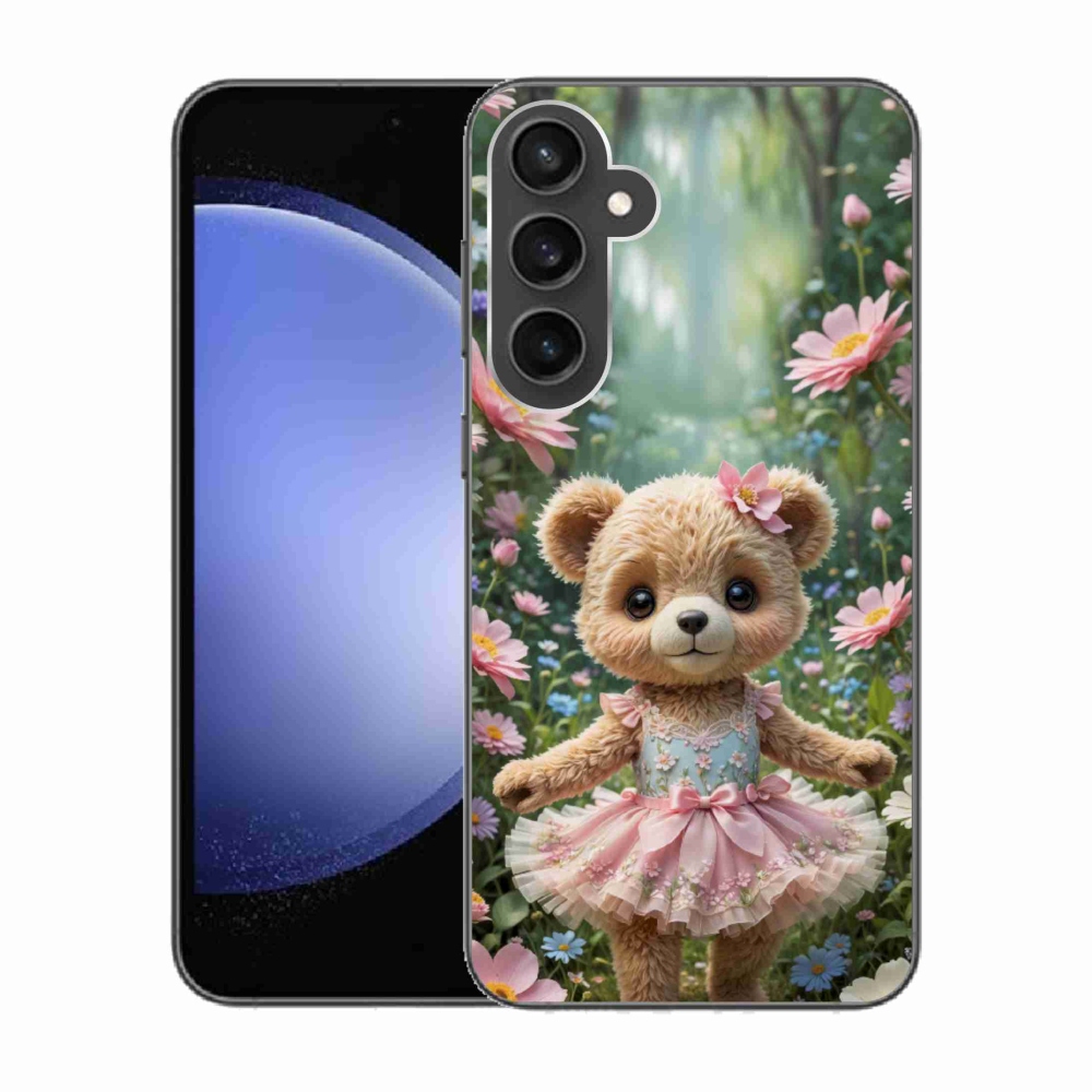 Gelový kryt mmCase na Samsung Galaxy S23 FE - roztomilý medvídek v květinách