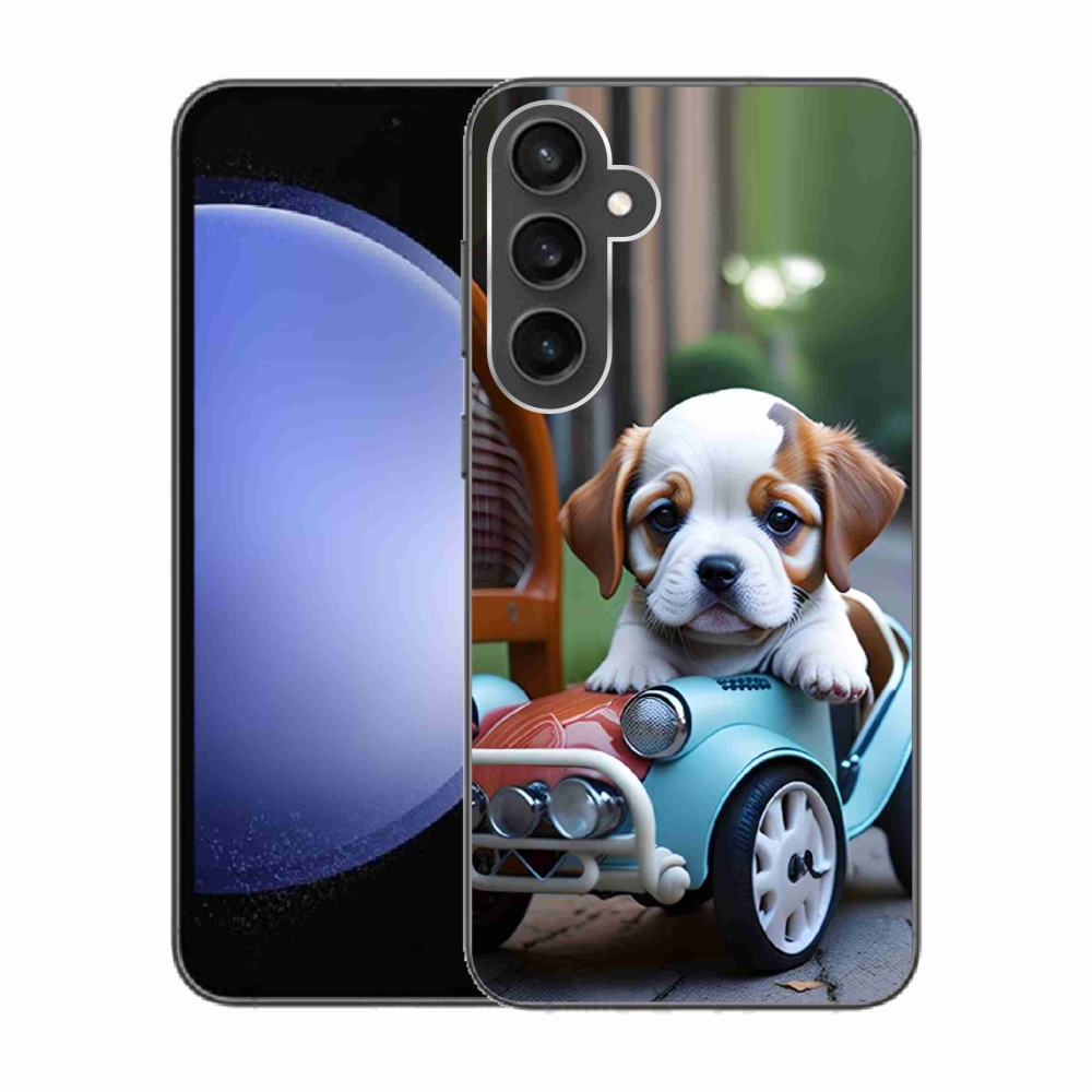 Gelový kryt mmCase na Samsung Galaxy S23 FE - štěně v retro autě