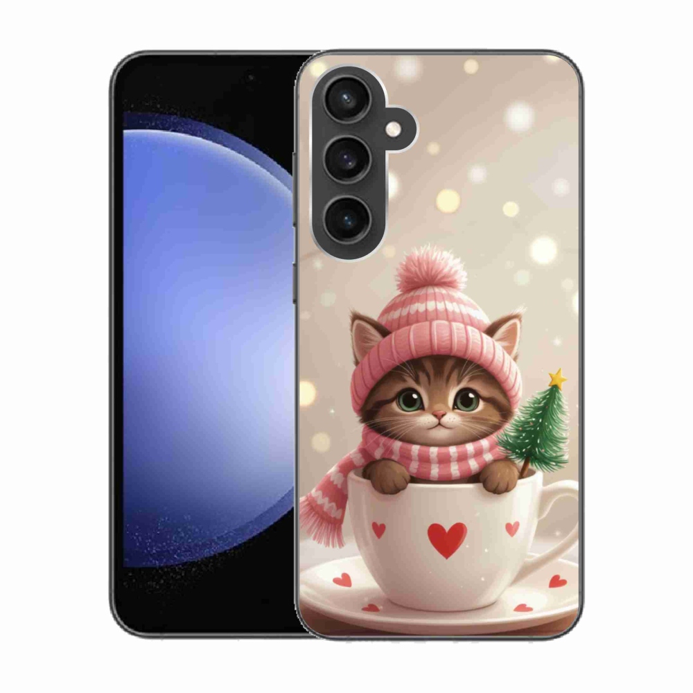 Gelový kryt mmCase na Samsung Galaxy S23 FE - vánoční kotě v hrnku