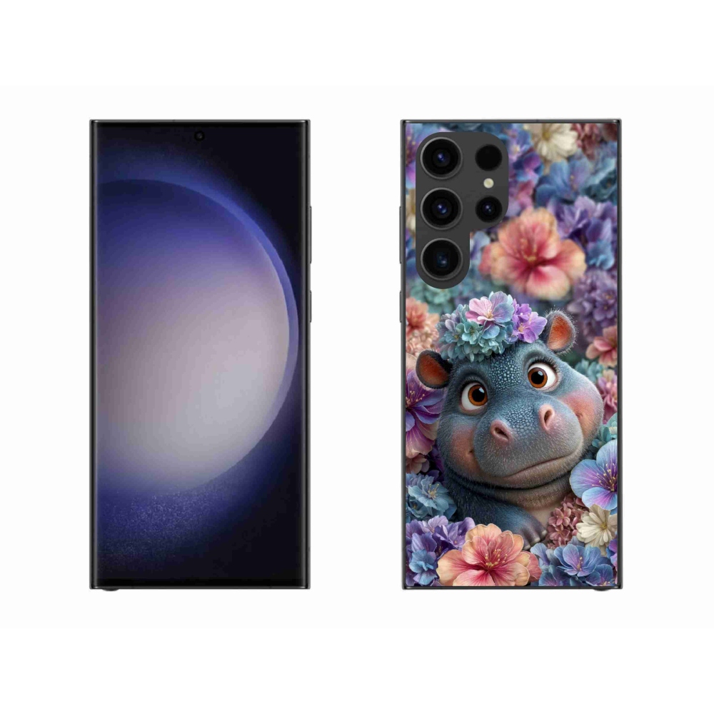 Gelový kryt mmCase na Samsung Galaxy S23 Ultra 5G - hrošík v květinách