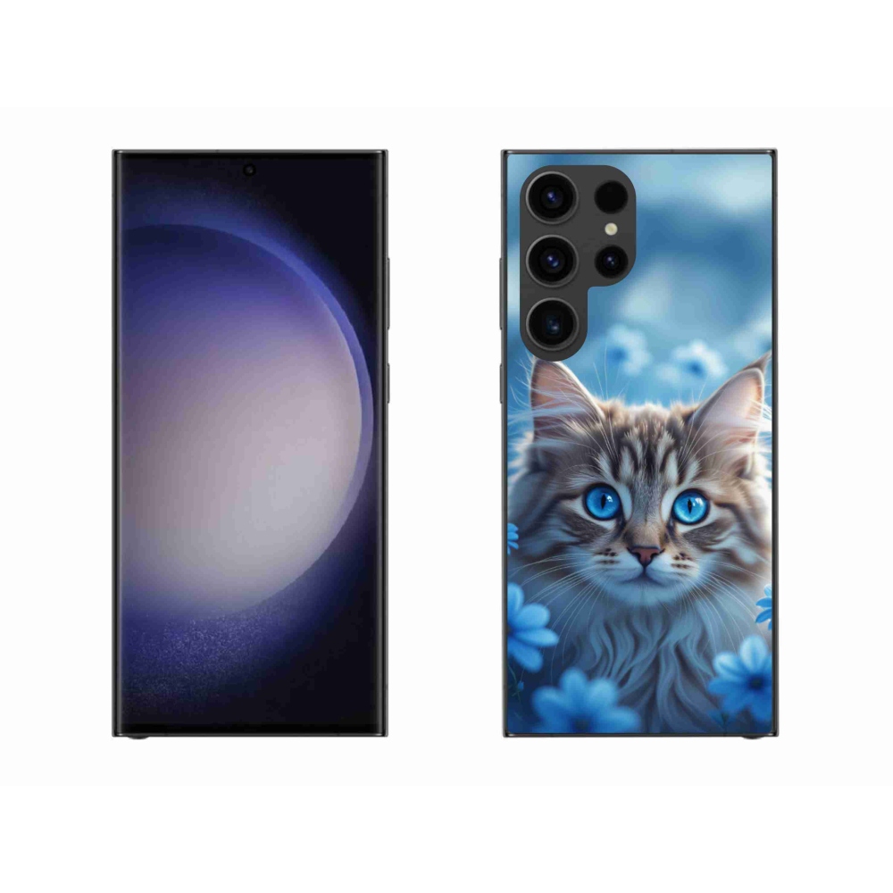 Gelový kryt mmCase na Samsung Galaxy S23 Ultra 5G - koťátko v modrých květech
