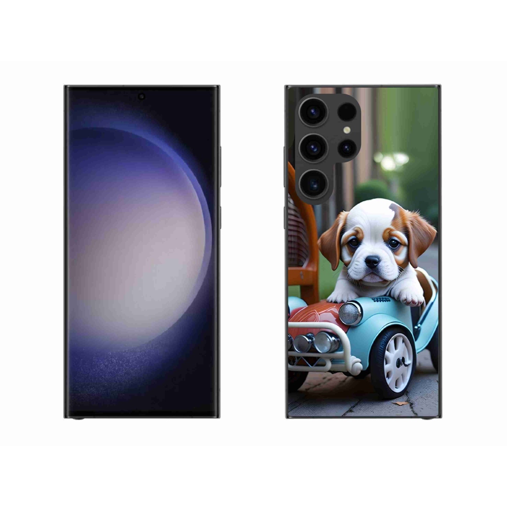 Gelový kryt mmCase na Samsung Galaxy S23 Ultra 5G - štěně v retro autě