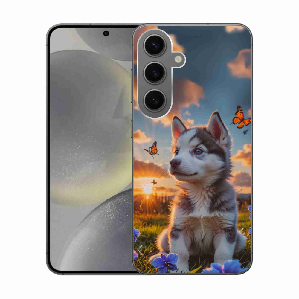 Gelový kryt mmCase na Samsung Galaxy S24 - husky při západu slunce