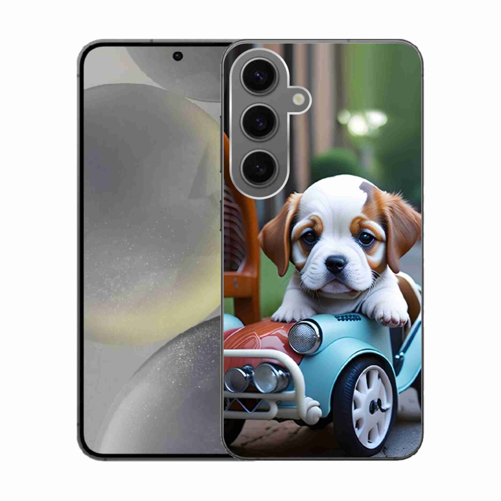 Gelový kryt mmCase na Samsung Galaxy S24 - štěně v retro autě