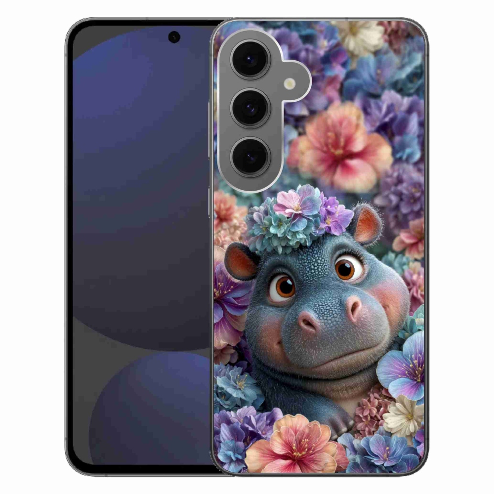 Gelový kryt mmCase na Samsung Galaxy S24FE - hrošík v květinách