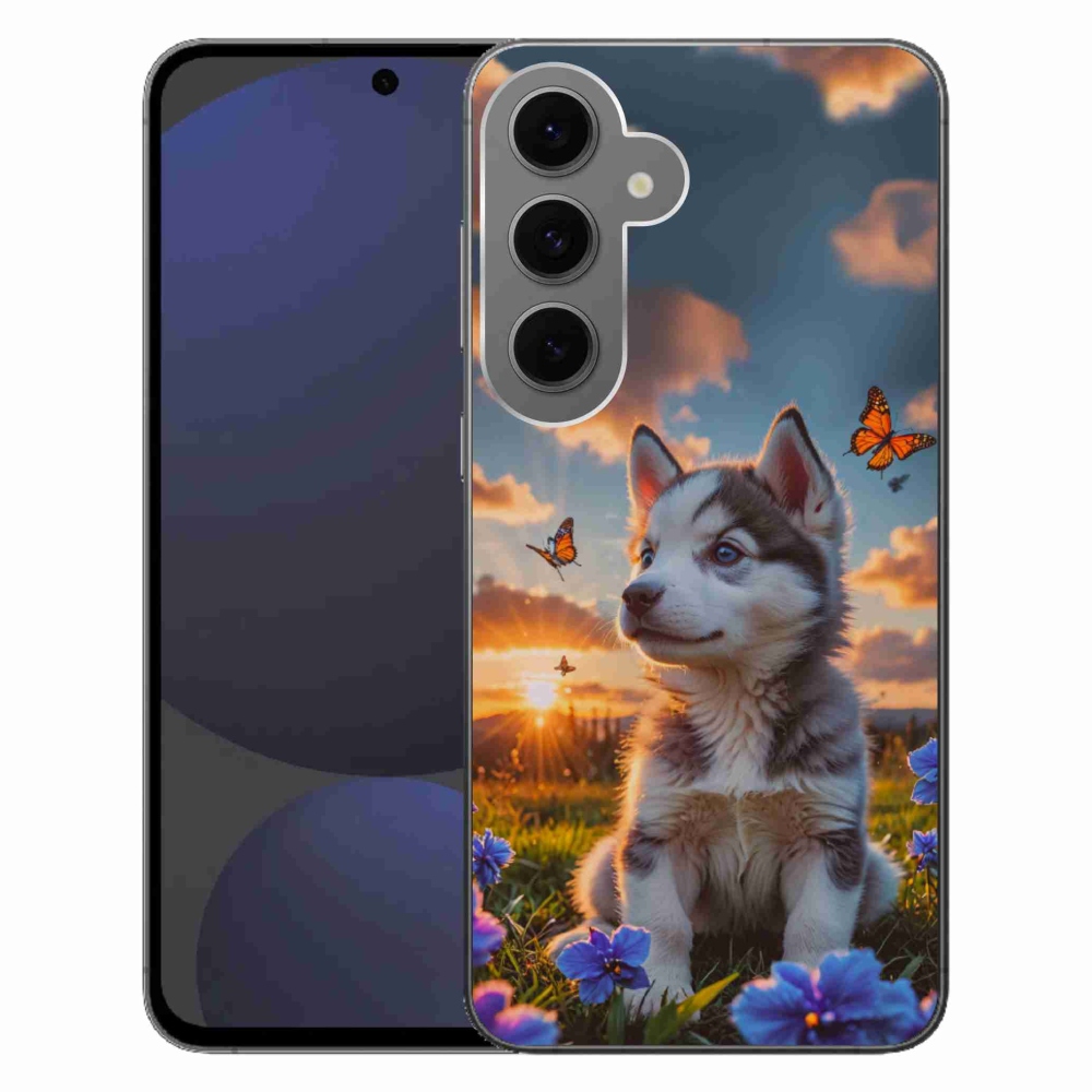 Gelový kryt mmCase na Samsung Galaxy S24FE - husky při západu slunce
