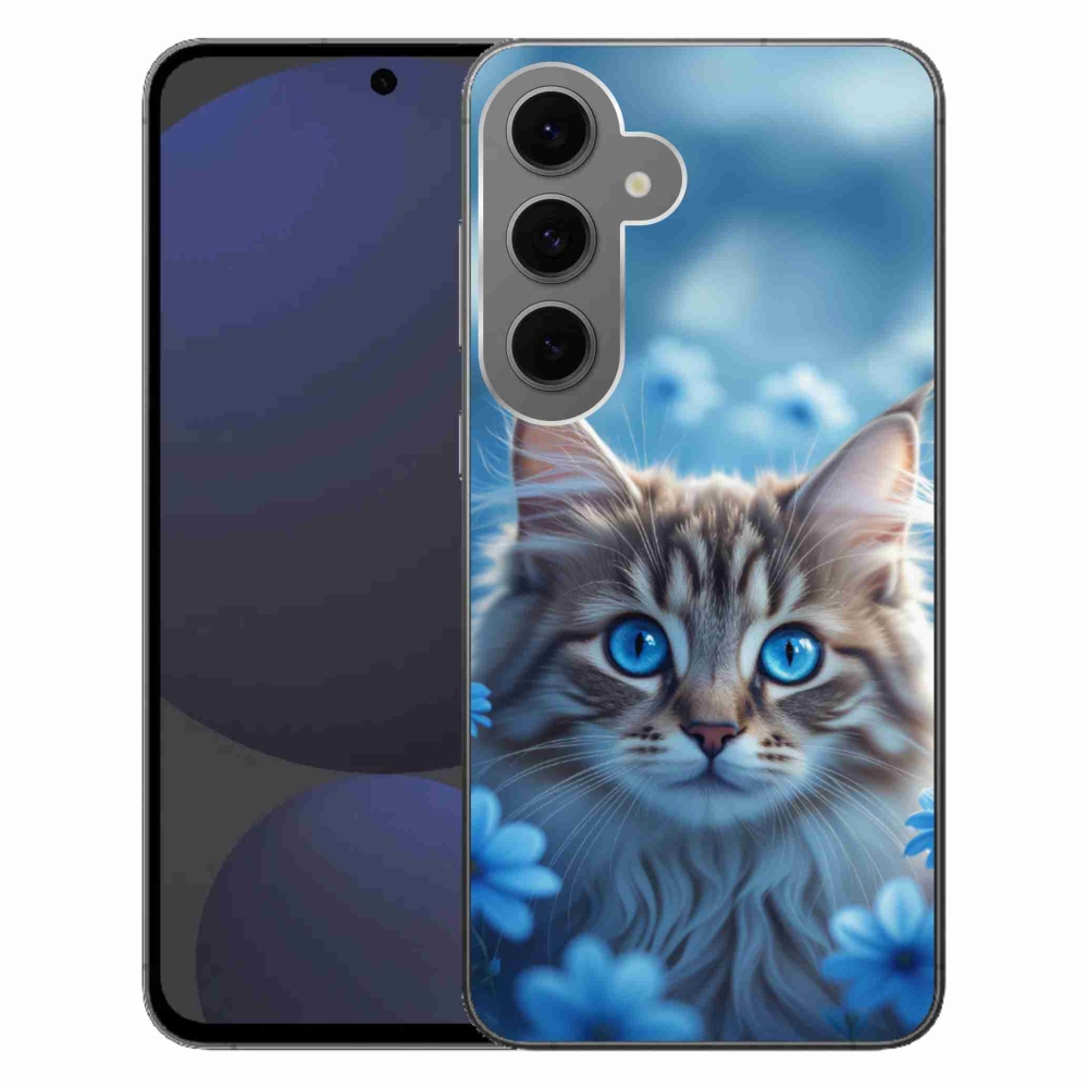 Gelový kryt mmCase na Samsung Galaxy S24FE - koťátko v modrých květech