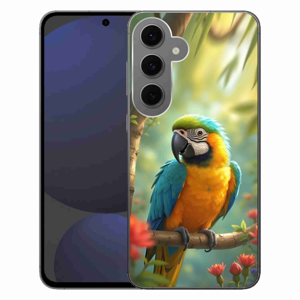 Gelový kryt mmCase na Samsung Galaxy S24FE - papoušek ara modrožlutá