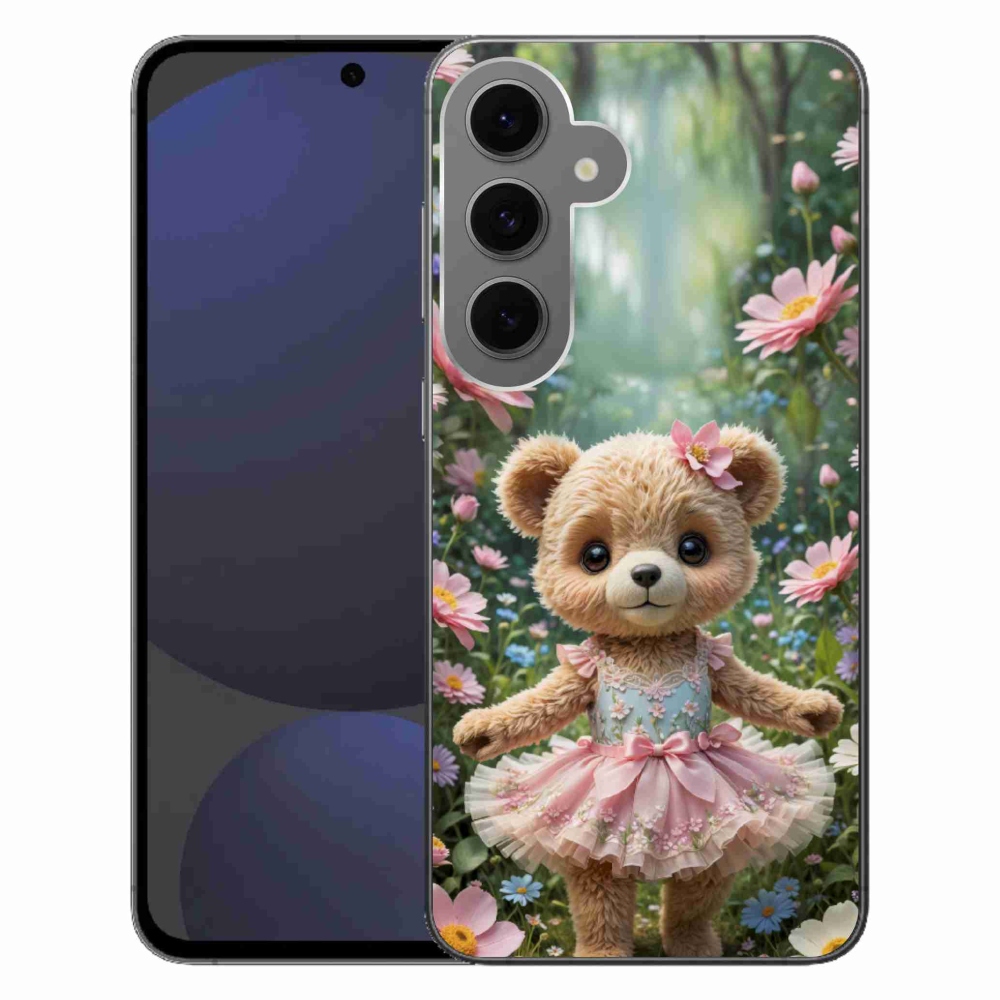 Gelový kryt mmCase na Samsung Galaxy S24FE - roztomilý medvídek v květinách