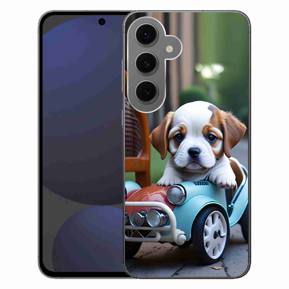 Gelový kryt mmCase na Samsung Galaxy S24FE - štěně v retro autě