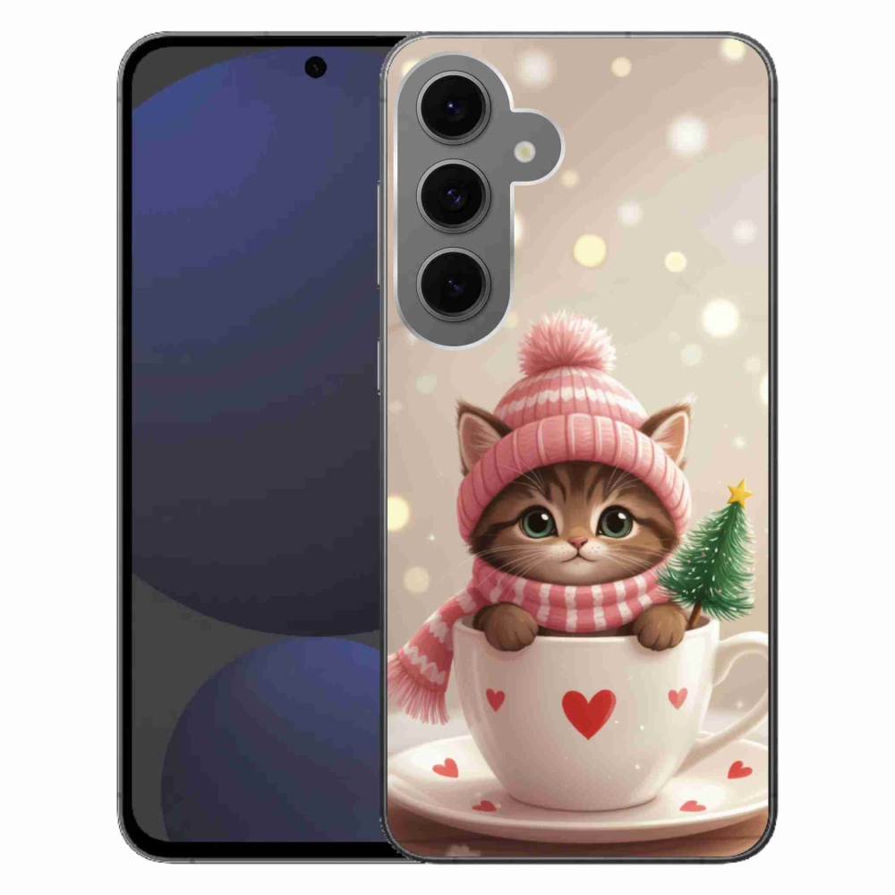 Gelový kryt mmCase na Samsung Galaxy S24FE - vánoční kotě v hrnku