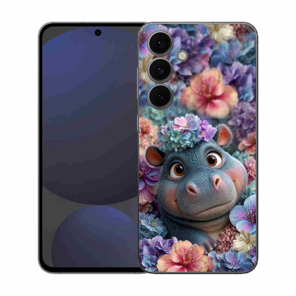 Gelový kryt mmCase na Samsung Galaxy S25 FE - hrošík v květinách