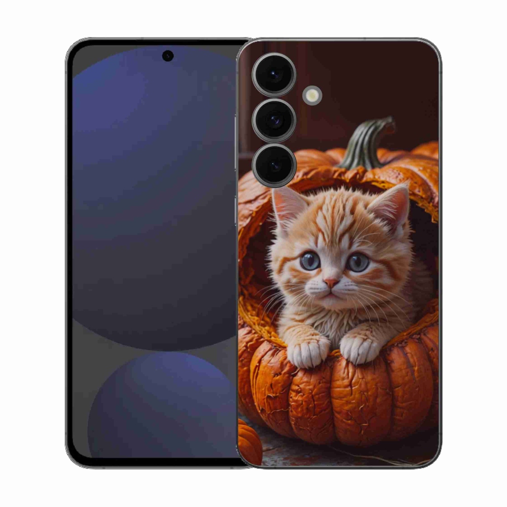 Gelový kryt mmCase na Samsung Galaxy S25 FE - kotě a dýně 2