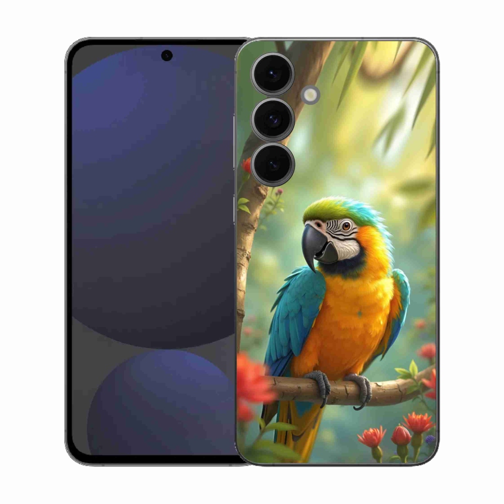 Gelový kryt mmCase na Samsung Galaxy S25 FE - papoušek ara modrožlutá