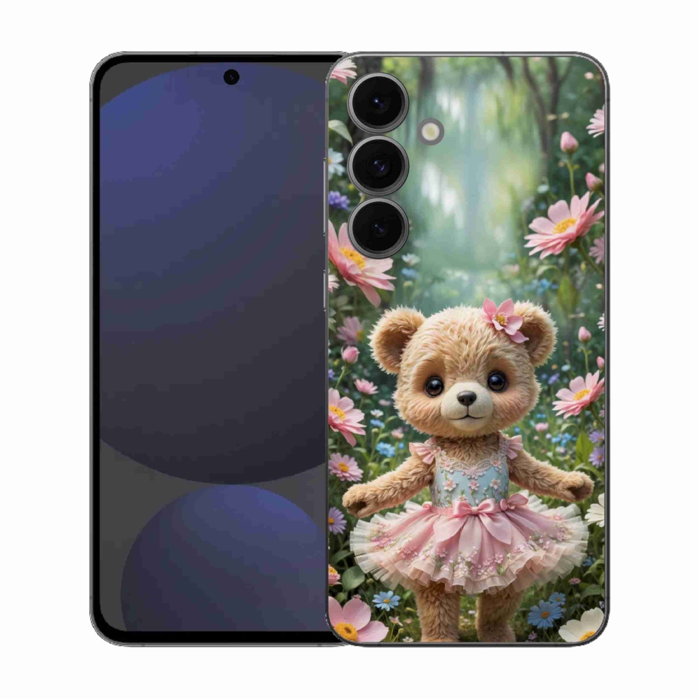 Gelový kryt mmCase na Samsung Galaxy S25 FE - roztomilý medvídek v květinách