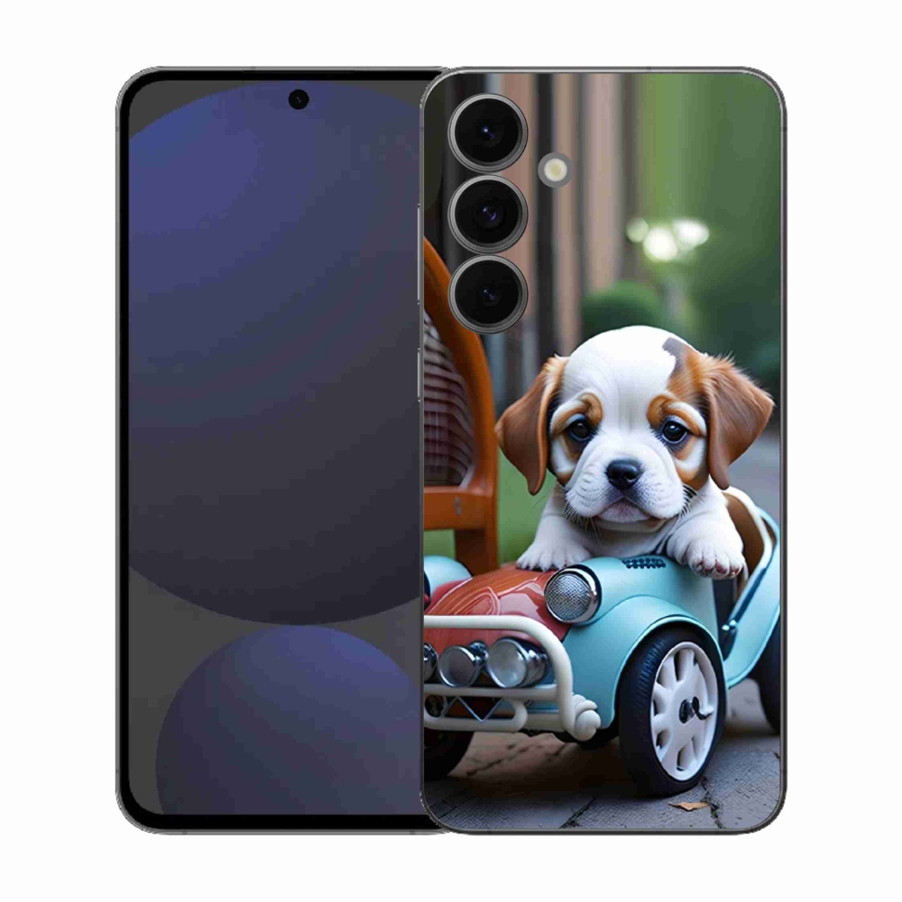 Gelový kryt mmCase na Samsung Galaxy S25 FE - štěně v retro autě