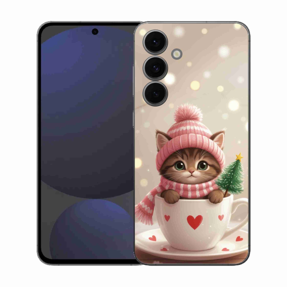 Gelový kryt mmCase na Samsung Galaxy S25 FE - vánoční kotě v hrnku