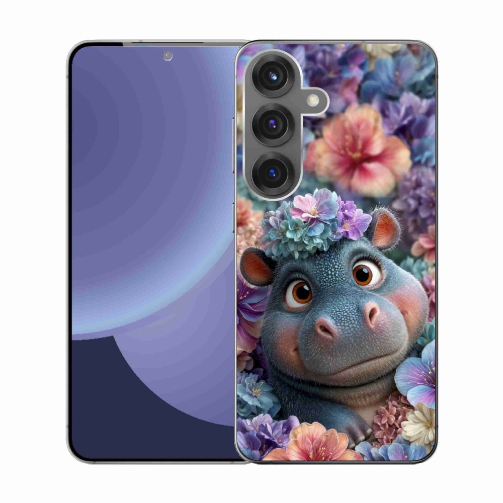 Gelový kryt mmCase na Samsung Galaxy S25 - hrošík v květinách