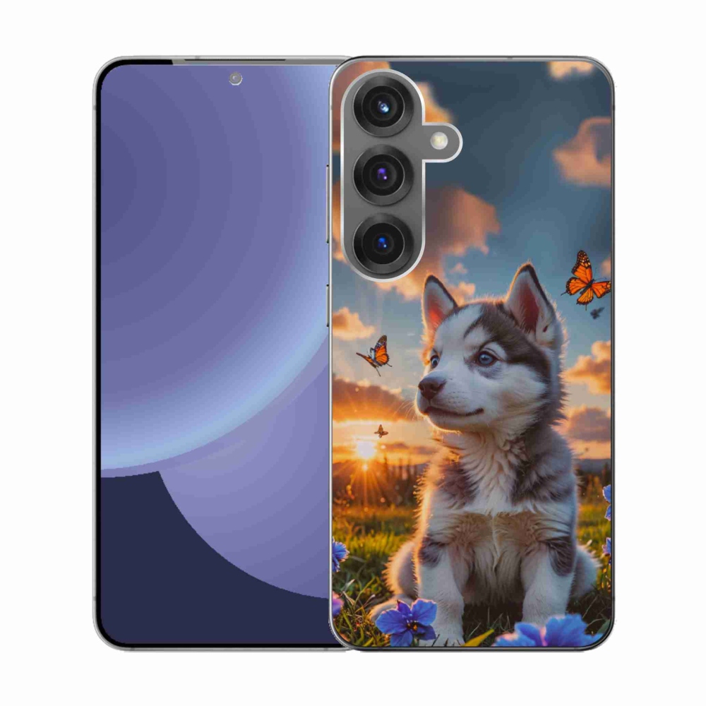Gelový kryt mmCase na Samsung Galaxy S25 - husky při západu slunce