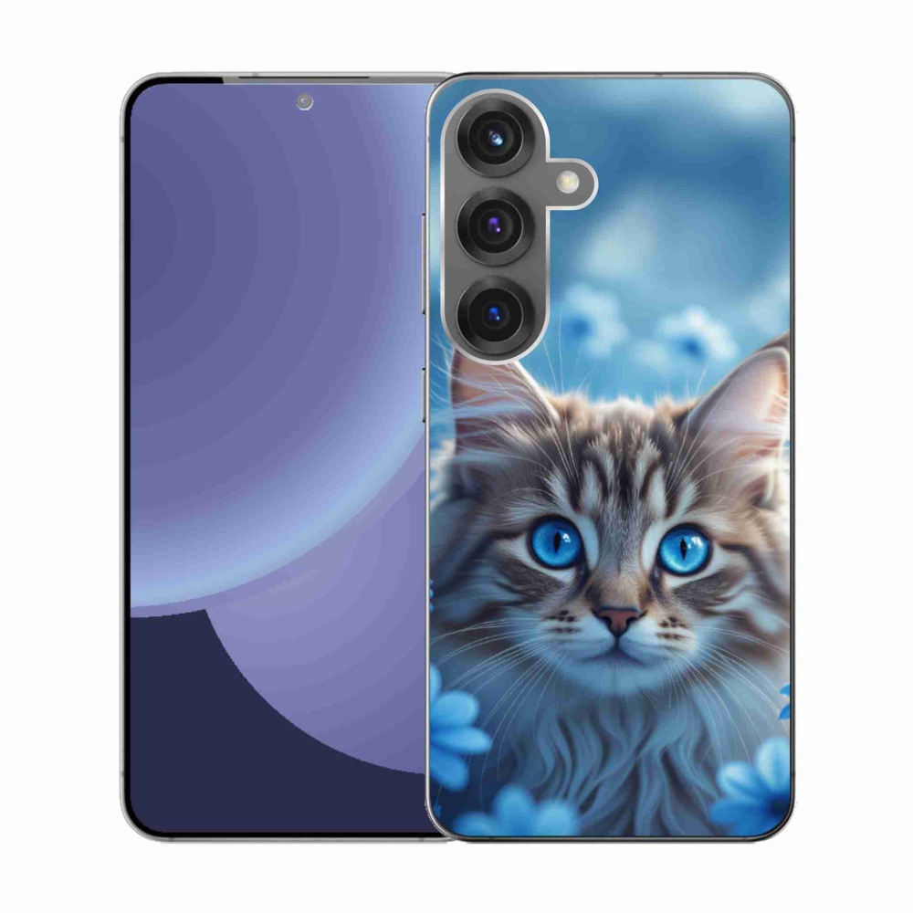 Gelový kryt mmCase na Samsung Galaxy S25 - koťátko v modrých květech