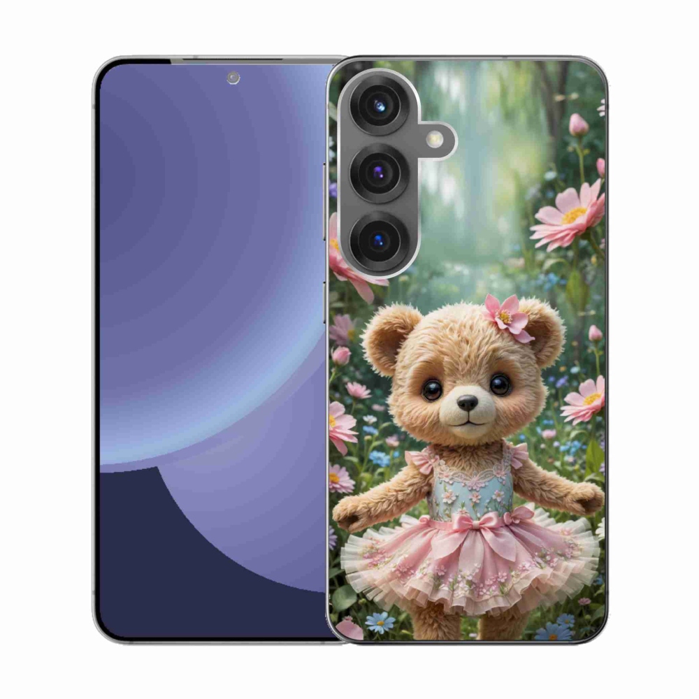 Gelový kryt mmCase na Samsung Galaxy S25 - roztomilý medvídek v květinách