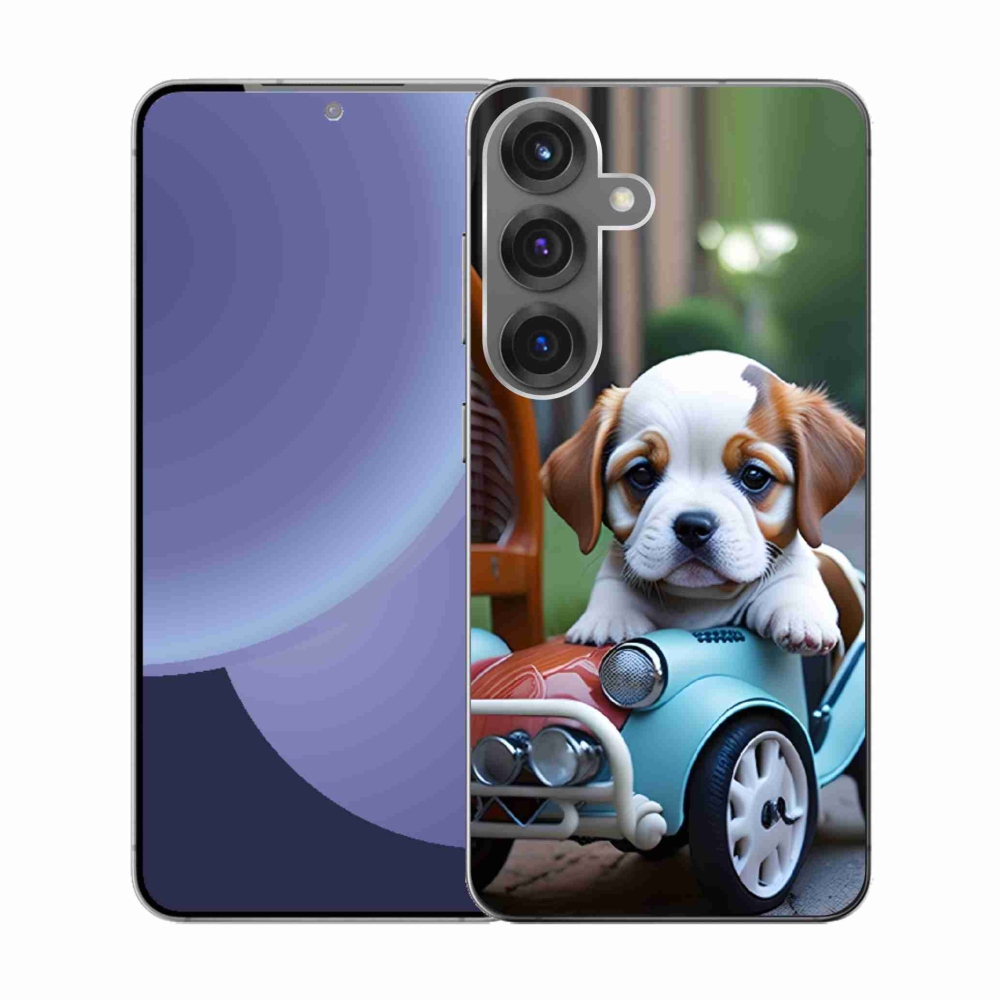 Gelový kryt mmCase na Samsung Galaxy S25 - štěně v retro autě