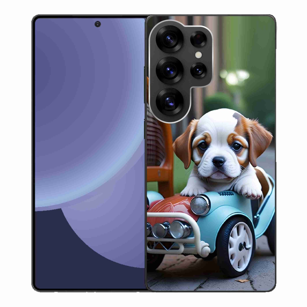 Gelový kryt mmCase na Samsung Galaxy S25 Ultra - štěně v retro autě