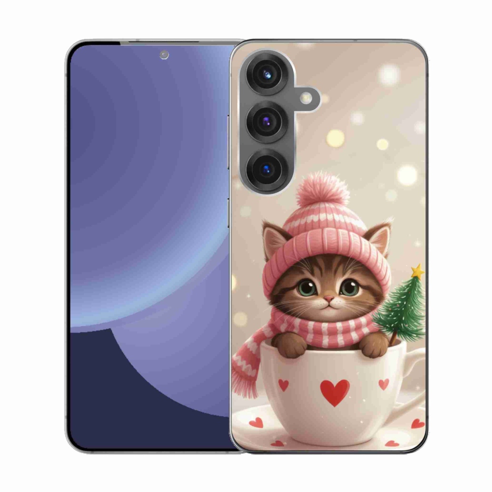 Gelový kryt mmCase na Samsung Galaxy S25 - vánoční kotě v hrnku