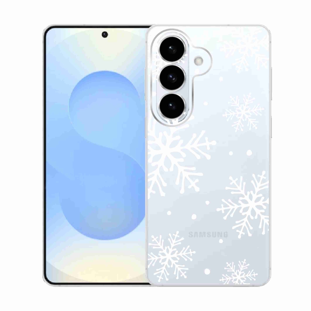 Gelový kryt mmCase na Samsung Galaxy S26  - bílé vločky na průhledném pozadí