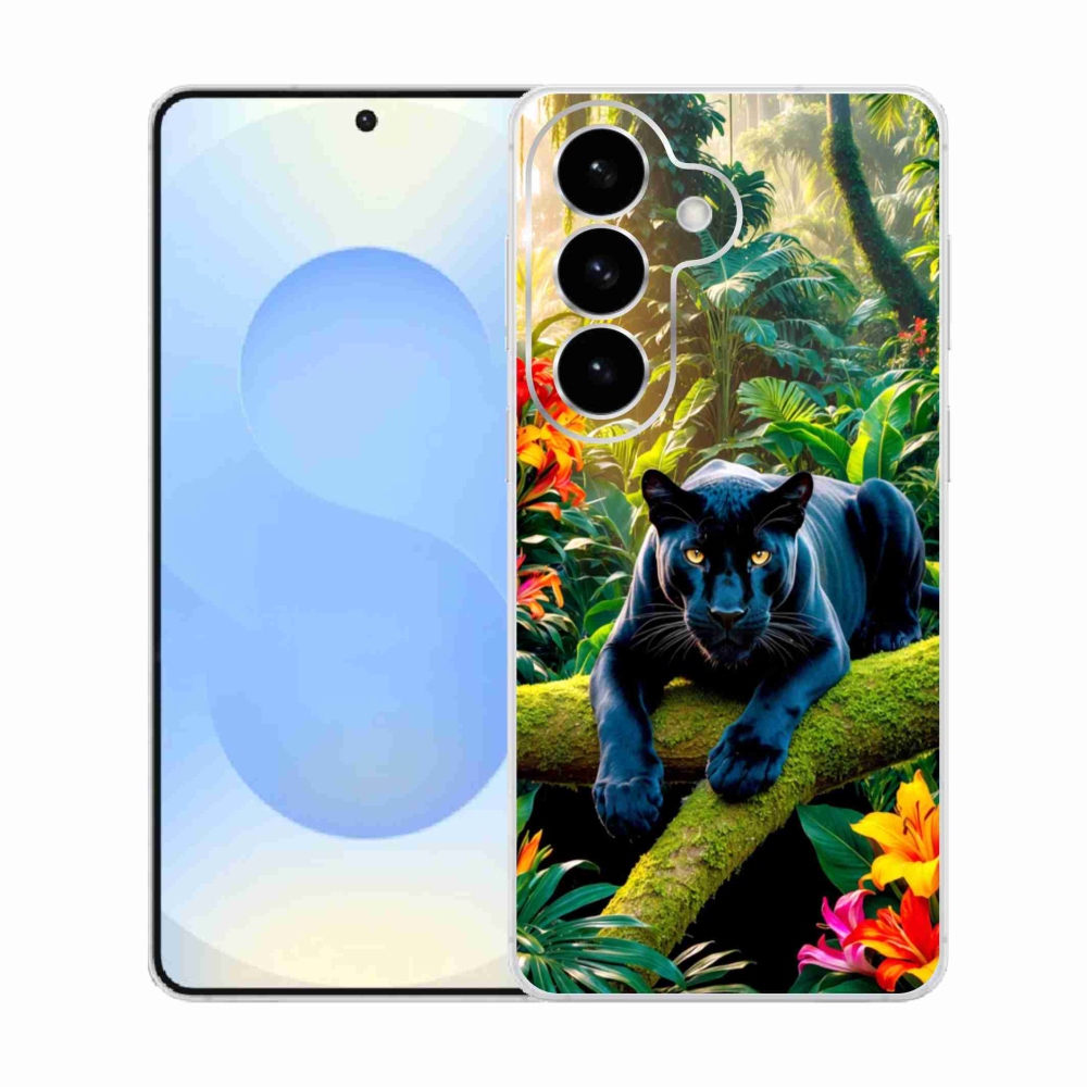 Gelový kryt mmCase na Samsung Galaxy S26  - černý panter v džungli