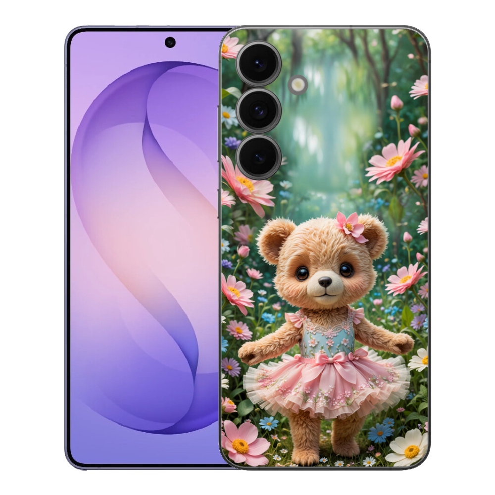 Gelový kryt mmCase na Samsung Galaxy S26 FE - roztomilý medvídek v květinách