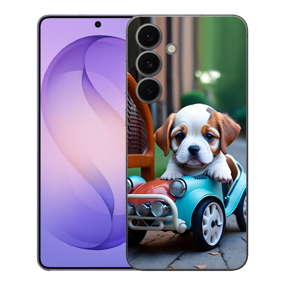 Gelový kryt mmCase na Samsung Galaxy S26 FE - štěně v retro autě