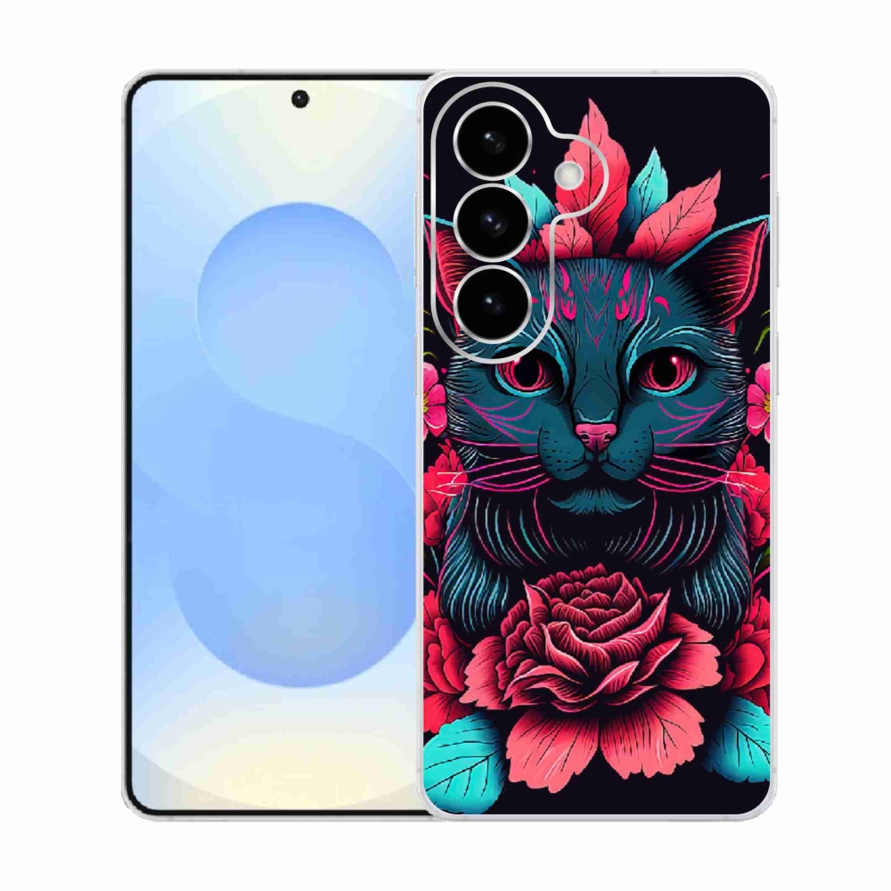 Gelový kryt mmCase na Samsung Galaxy S26  - květiny a kočka