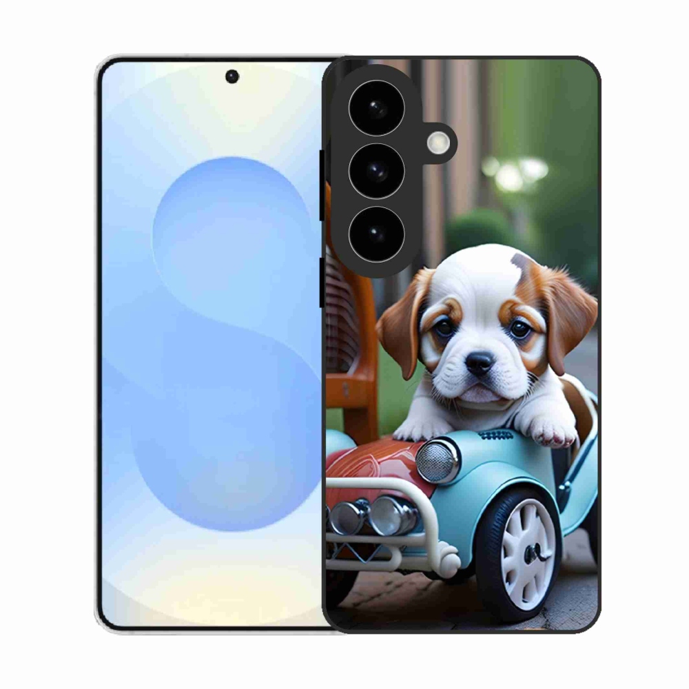 Gelový kryt mmCase na Samsung Galaxy S26 - štěně v retro autě