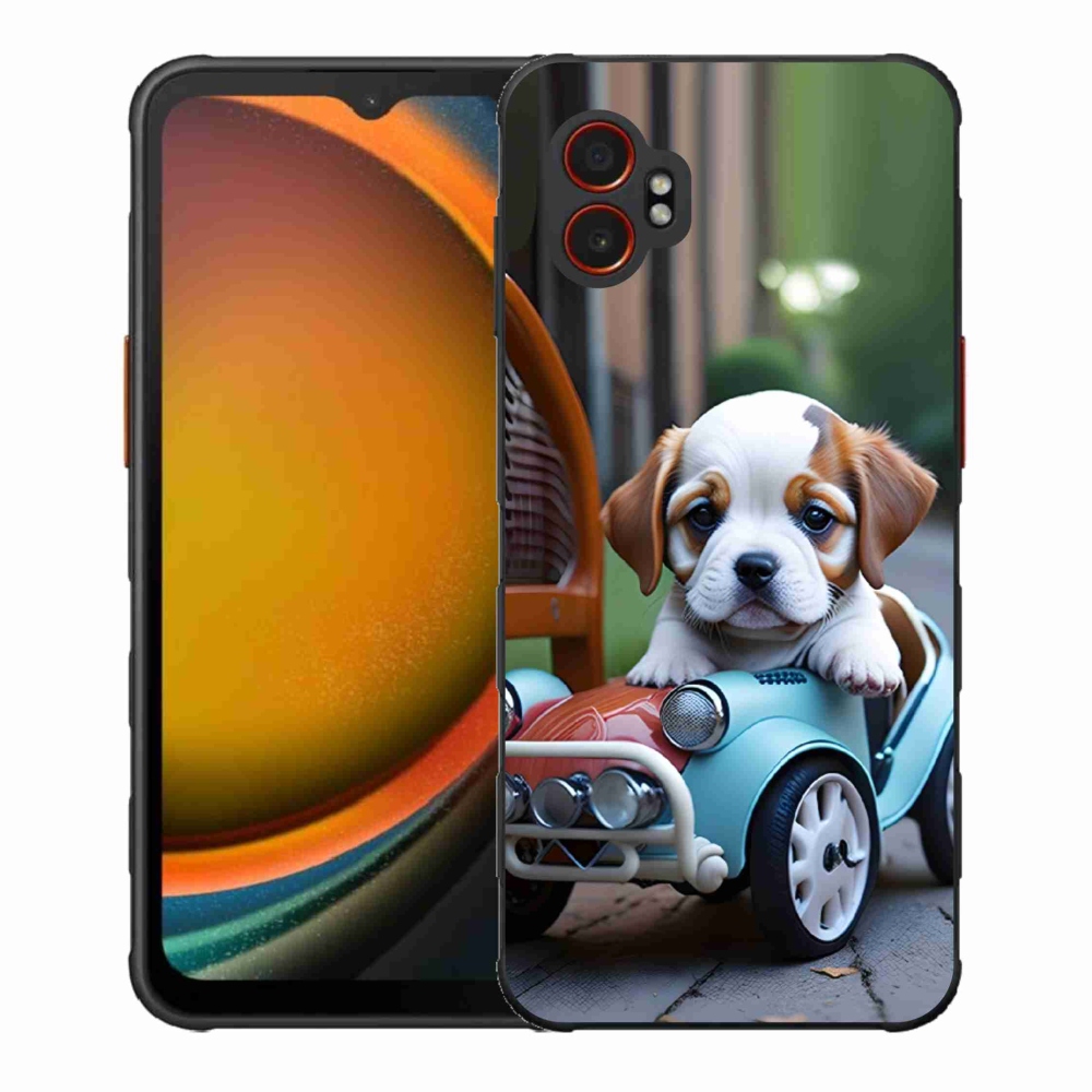 Gelový kryt mmCase na Samsung Galaxy Xcover 7 Pro - štěně v retro autě