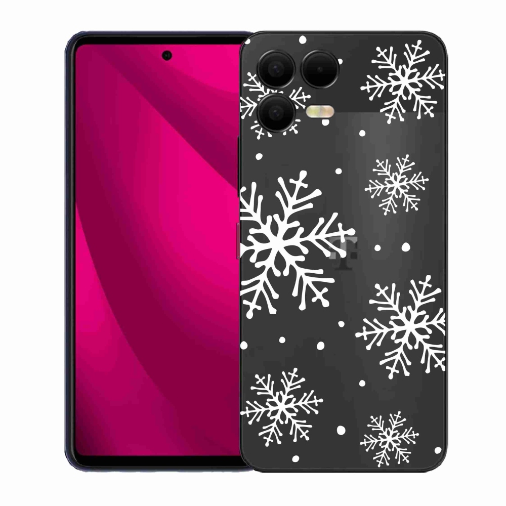 Gelový kryt mmCase na T-Mobile T Phone 3 Pro - bílé vločky na průhledném pozadí