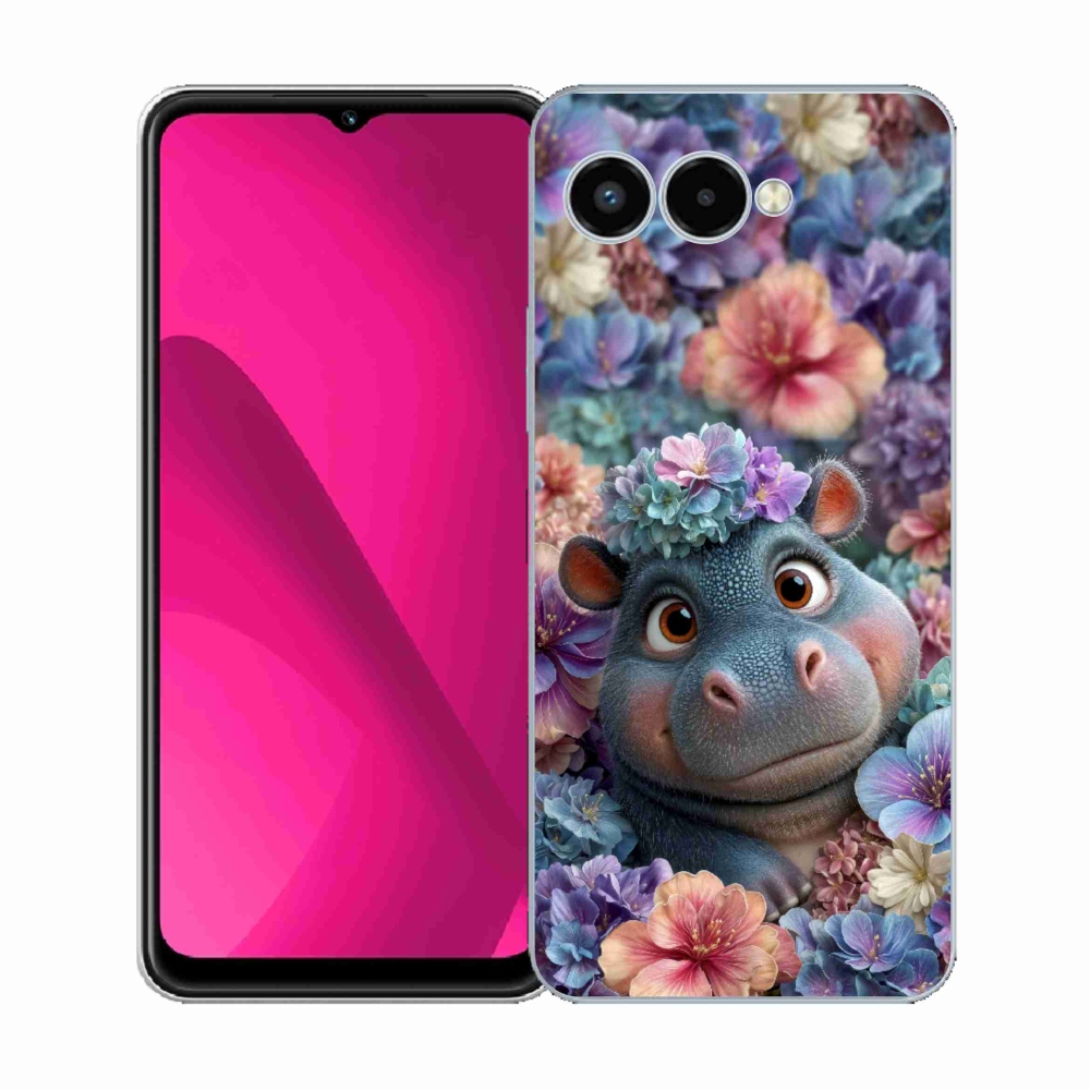 Gelový kryt mmCase na T phone 3 - hrošík v květinách