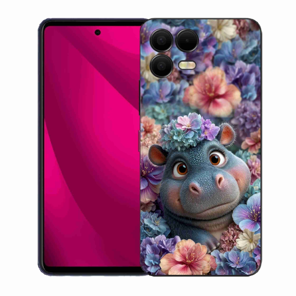 Gelový kryt mmCase na T phone 3 Pro - hrošík v květinách