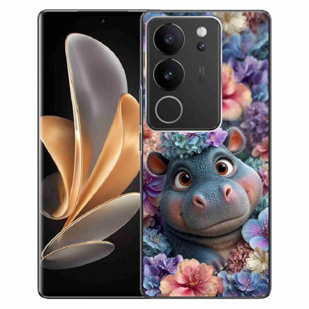 Gelový kryt mmCase na Vivo V29 5G - hrošík v květinách