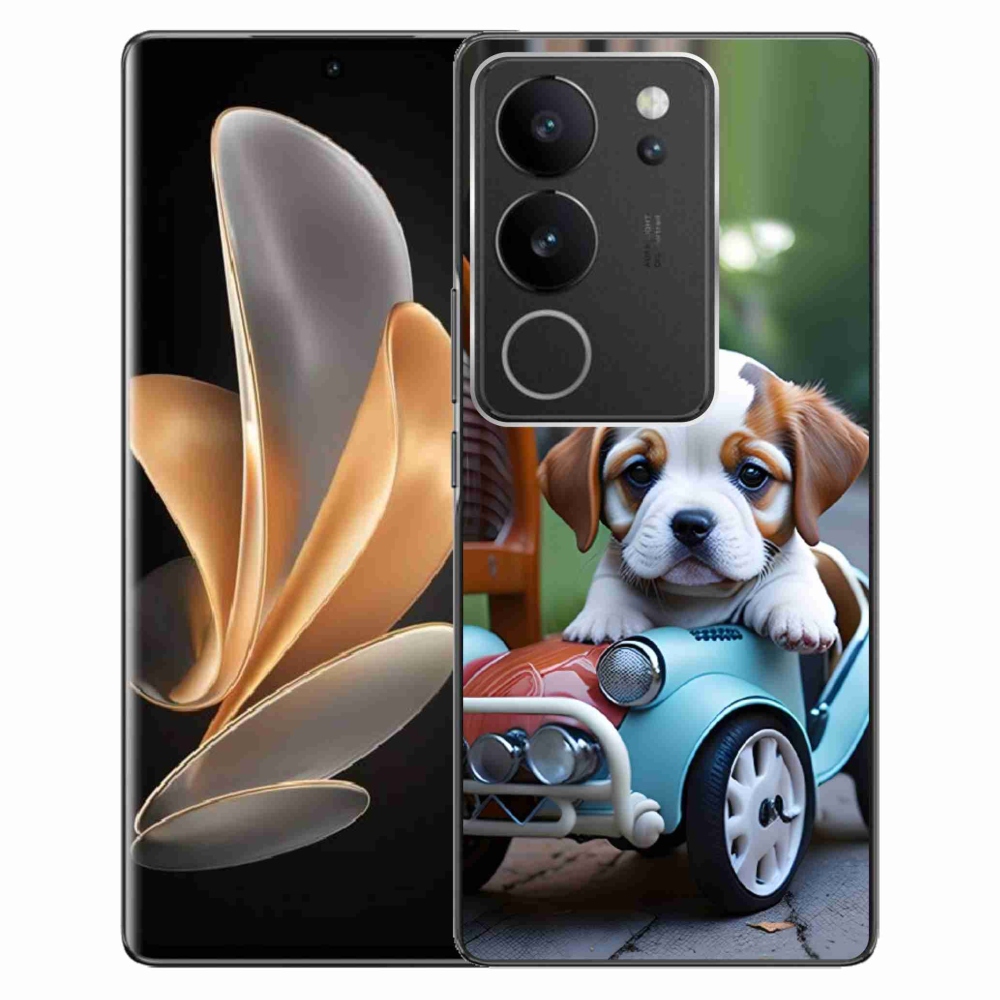 Gelový kryt mmCase na Vivo V29 5G - štěně v retro autě