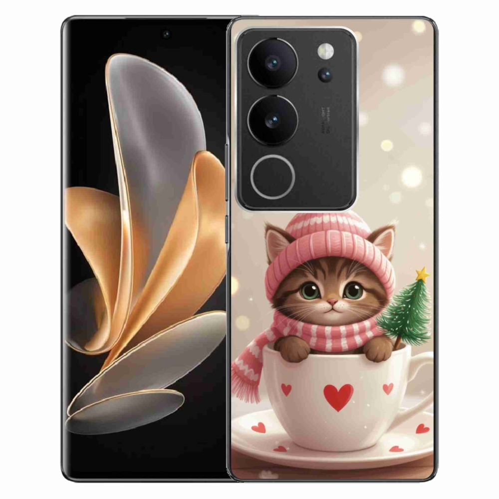 Gelový kryt mmCase na Vivo V29 5G - vánoční kotě v hrnku