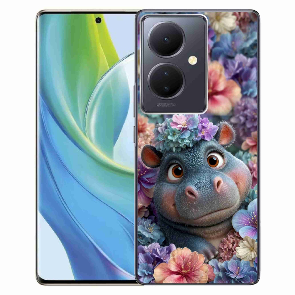 Gelový kryt mmCase na Vivo V29 Lite 5G - hrošík v květinách