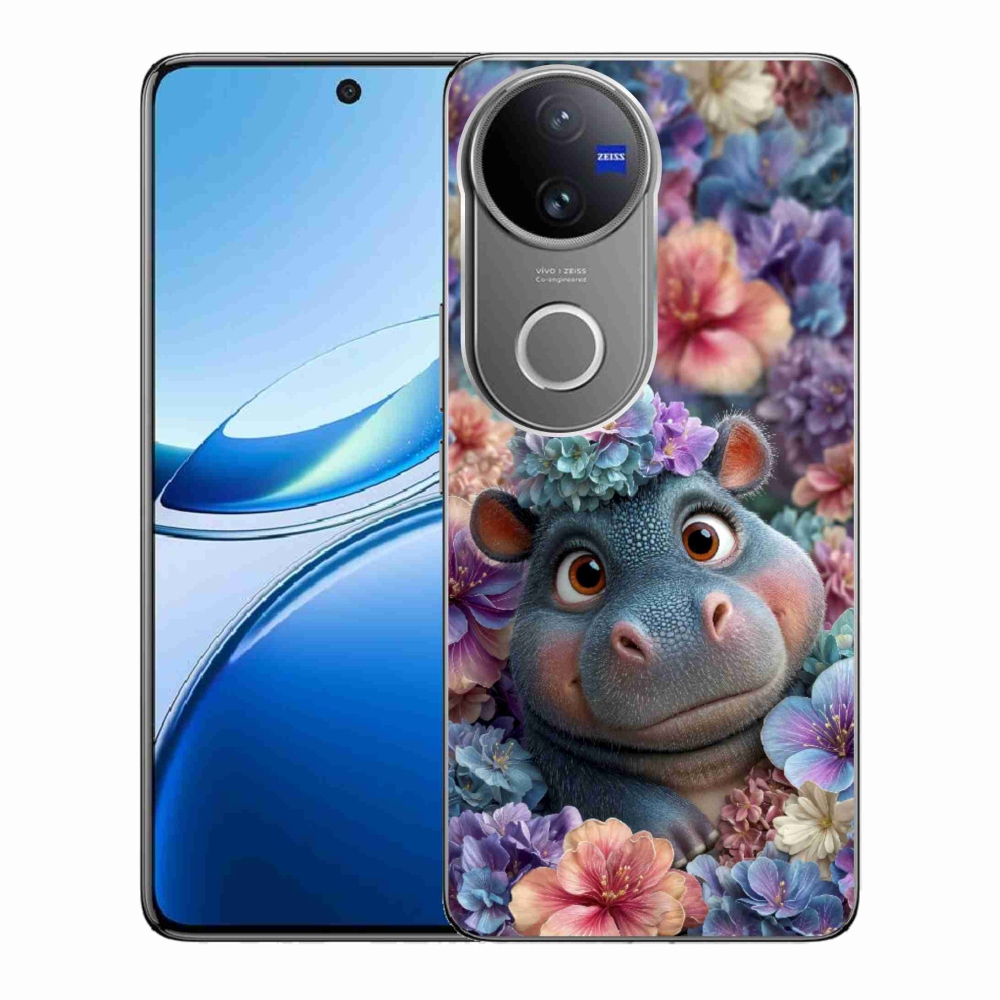 Gelový kryt mmCase na Vivo V50 5G - hrošík v květinách