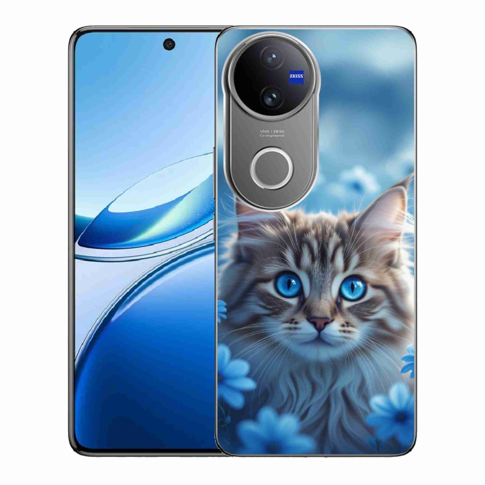 Gelový kryt mmCase na Vivo V50 5G - koťátko v modrých květech